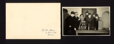 Photograph - Bevin Boys with model of mine shaft working gear; 2042 Photograph - Bevin Boys with model of mine shaft working gear; 2042