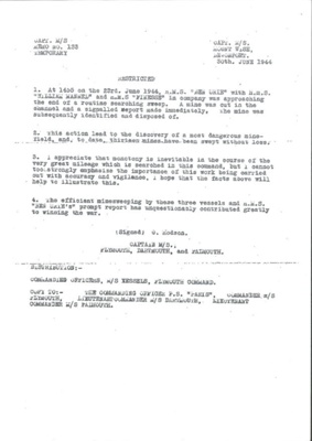 Copy of commendation - from Captain of minesweepers to R.N.P.S. vessels "Ben Urie" - "William Mannel" & "Finesse" - (see also 34146-34169); 35719