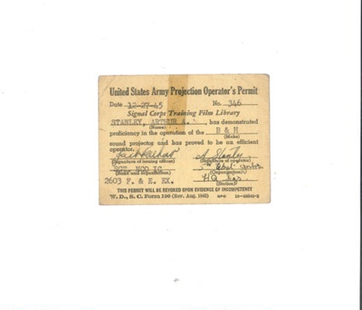 United States Army Projection Operator's Permit - Arthur Stanley - 27/12/1945; 27/12/1945; 34952 United States Army Projection Operator's Permit - Arthur Stanley - 27/12/1945; 27/12/1945; 34952