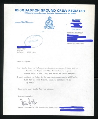 Correspondence - R.A.F. 83 squadron ground crew register & the R.A.F. Regiment Association - 1990; 1/01/1990; 2860