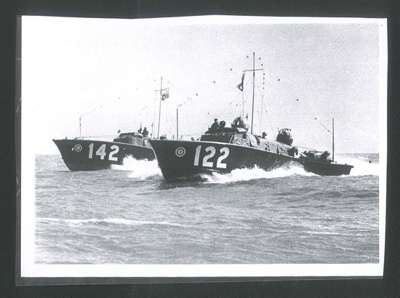 Copies (2) of photograph - R.A.F. air/sea rescue launches nos: 122 & 142 at speed (with legend); 34363