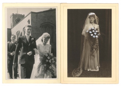 Wedding photographs (2) - Miss Margaret Lipthorpe & Mr Thomas Gouldson - 17/08/1946 - showing bride's wedding dress; 17/08/1946; 37343 Wedding photographs (2) - Miss Margaret Lipthorpe & Mr Thomas Gouldson - 17/08/1946 - showing bride's wedding dress; 17/08/1946; 37343