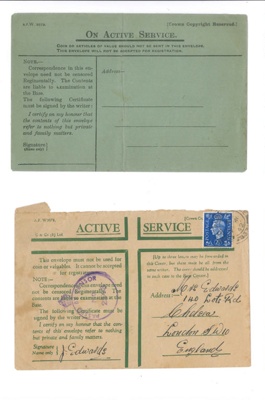 Army form w3078 - "Active Service" envelopes (5) - 3 with censor franks & 2 unused - 1942; 1/01/1942; 37028