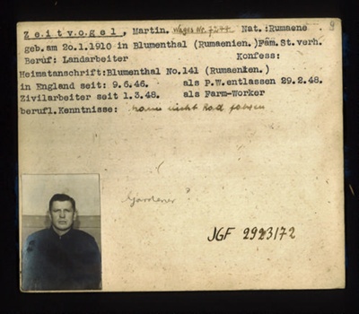 German P.O.W. record card - Martin Zeitvogel - Rumanian - Dob 20/01/1910; 6645
