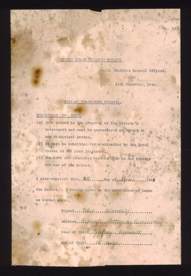 Form - Norton R.D.C. - "Babies protective helmets - conditions of issue" - Ethel Woodall - Weaverthorpe - 14/11/1940; 14/11/1940; 5276 Form - Norton R.D.C. - "Babies protective helmets - conditions of issue" - Ethel Woodall - Weaverthorpe - 14/11/1940; 14/11/1940; 5276