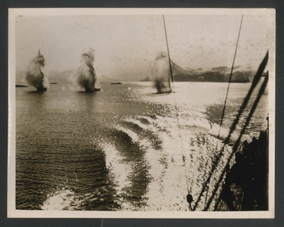 Official copyrighted war photograph - 29th May 1940 - bombs dropping a stern of aon E of H.M. destroyers in Norway; 56582