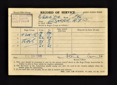 Army form W5258N - Record of Service - Pte H.T.W. Barter S/6216714 R.A.S.C. - 19/12/1946; 19/12/1946; 9038