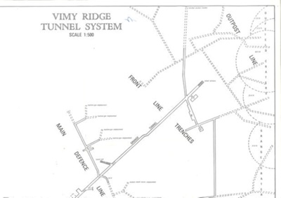 Map - Vimy Ridge tunnel system - modern map (1988) based on 1917 original - 14 independent topographic squadron Royal Engineers WW1; 9730
