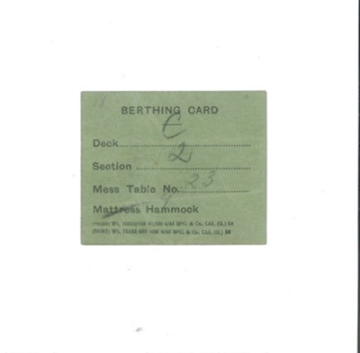 Troopship Berthing Card (green); 34953 Troopship Berthing Card (green); 34953