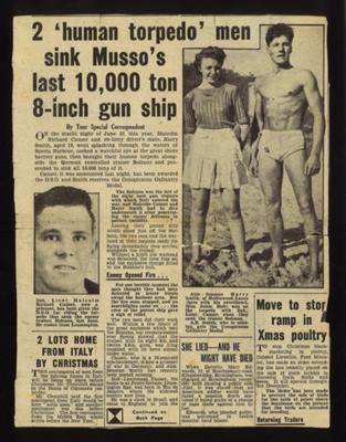 Copies of photographs from Harry Smith's photograph album. Includes copies of press cuttings. Human Torpedo. Charioteer. C.G.M. Underwater Heritage Trust; 66470