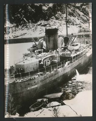 Official copyrighted war photograph - 24th February 1940 - the altmark hald fast in ice of a Norwegian fjord; 56586