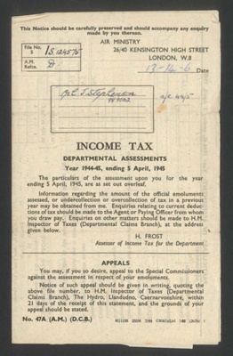 Income tax assessment 1944-1945 & national health & pensions contribution card - Cpl John Stephenson R.A.F.; 34398
