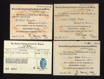Receipts (4) for retention fee paid by Violet Bell/Edwards to continue designation of registered nurse. 1944-1950; 68875 Receipts (4) for retention fee paid by Violet Bell/Edwards to continue designation of registered nurse. 1944-1950; 68875