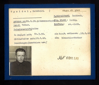 German P.O.W. record card - Reinhold Speidel - German - Dob 29/03/1903; 6604