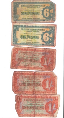British armed forces special vouchers (5) - 3 x one shilling - 2 x sixpence; 35608