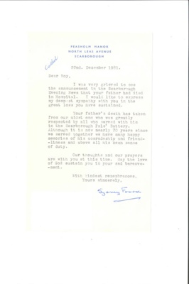 Letter of condolence from Sydney Foord on death of George R. Found - December 1981; 1/12/1981; 34797