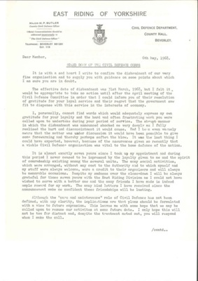 Letters (2) re: Disbandment of the Civil Defence Corps 31/03/1968 - (one letter from Queen Elizabeth); 34969 Letters (2) re: Disbandment of the Civil Defence Corps 31/03/1968 - (one letter from Queen Elizabeth); 34969