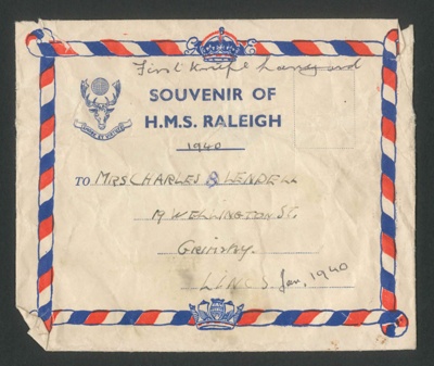 Envelope - "Souvenir of H.M.S. Raleigh" - 1940 - addressed to Mrs Charles Blendell; 35956 Envelope - "Souvenir of H.M.S. Raleigh" - 1940 - addressed to Mrs Charles Blendell; 35956