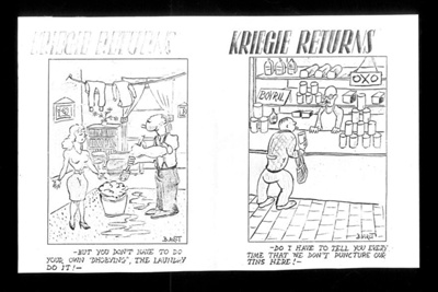 Photocopy of cartoons (2) - "Kriegie returns" - life at home after being a P.O.W.; 2812