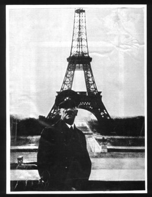 Copy of photograph - Hitler Standing in front of the Eiffel tower after the fall of Paris - original lost; 9026 Copy of photograph - Hitler Standing in front of the Eiffel tower after the fall of Paris - original lost; 9026