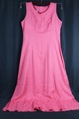 Full length pink checked pattern dress- size 12- modern (costume for school visit etc) ; 79105