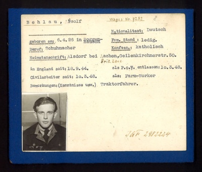 German Eden Camp P.O.W. record card - Adolf Behlau - German - Dob 06/04/1925; 6569 German Eden Camp P.O.W. record card - Adolf Behlau - German - Dob 06/04/1925; 6569