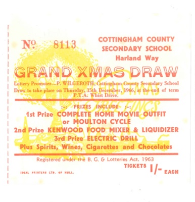 Ticket - Christmas prize draw - Cottingham County Secondary School - December 1966; 1/12/1966; 37236 Ticket - Christmas prize draw - Cottingham County Secondary School - December 1966; 1/12/1966; 37236