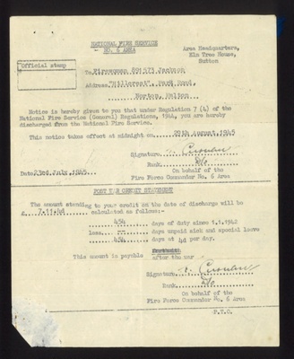 Letter of discharge from National Fire Service - firewoman 891573 Jackson - Park Road - Norton - 29/08/1945; 29/08/1945; 6720