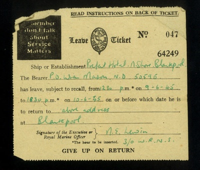 Leave pass (W.R.E.N.S.) (accompanying letter contains information regarding P.O.W.'s from Eden Camp - constructing roads in Scarborough); 10433