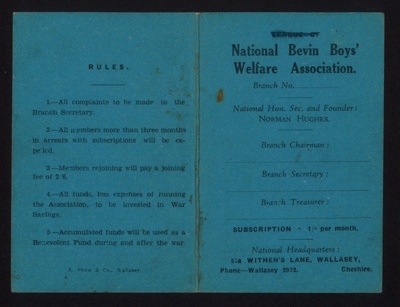 Membership card (blue) - "National Bevin Boys' welfare Association" - D. Harper - 05/05/1945; 5/05/1945; 6284