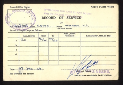 Army form w5258 - record of service - C.Q.M.S. N.S. Winham Royal Engineers - 06/11/1940 to 04/05/1946; 6/11/1940; 7553 Army form w5258 - record of service - C.Q.M.S. N.S. Winham Royal Engineers - 06/11/1940 to 04/05/1946; 6/11/1940; 7553