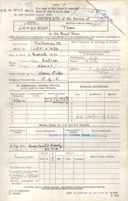 Royal Navy form S459 - Certificate of Service in the Royal Navy - Tom Sanderson S.B.R. x7024 - 02/09/1939 to 07/03/1946; 2/09/1939; 38302