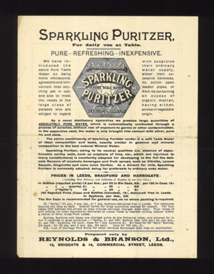 Leaflet - "Sparkling puritzer" - absolutely pure water - "Reynolds & Branson Ltd" - Leeds; 5044