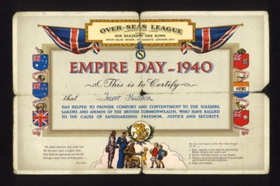 Certificate - overseas league "Empire day" 1940 - Trevor Hudson; 1/01/1940; 10756 Certificate - overseas league "Empire day" 1940 - Trevor Hudson; 1/01/1940; 10756