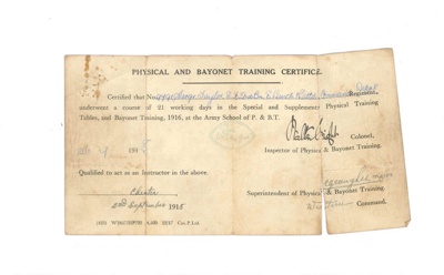 Certificate - "Physical and bayonet training" instructors course - Sgt E.F. Taylor - 2nd Bn East Lancs - 02/09/1918; 2/09/1918; 34881