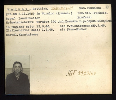 German P.O.W. record card - Matthias Wagner - Rumanian - Dob 08/11/1905; 6640