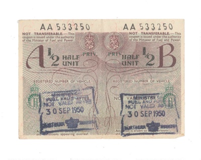 Petrol coupons (21) - Ministry of Fuel and Power - not valid after 30/09/1950; 30/09/1950; 36416