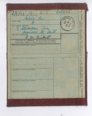 National Registration Identity Card (green) - in maroon leather wallet - "Elsie M. Birkett" - 18/05/1943; 18/05/1943; 37315