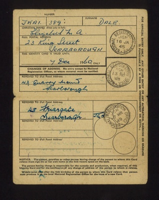 National registration identity card - under sixteen years - Elizabeth M.A. Dale - Scarborough - 16/01/1945; 16/01/1945; 5457