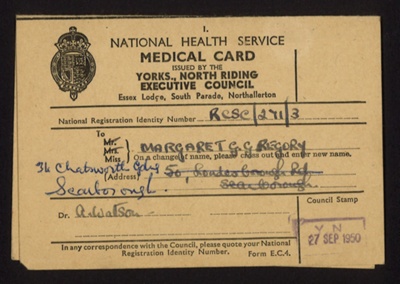 National health service medical card (in identity card wallet) - Margaret G. Gregory - Scarborough - 27/09/1950; 27/09/1950; 2372