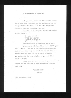 Correspondence - government evacuation scheme - County Burgh of Brighton; 2739