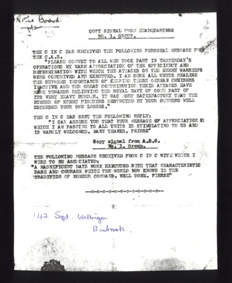 Document - signal from HQ no: 1 group re: attacks on German warships - 142 squadron - binbrook; 9627