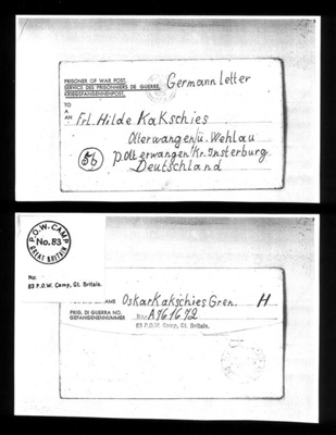 Photocopy of POW letter sent by Oskar Kakschies German POW held at Eden Camp 26/12/44; 26/12/1944; 25910