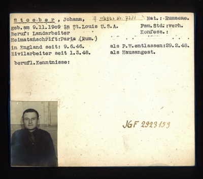 German P.O.W. record card - Johann Stoeber - Rumanian - Dob 09/11/1909; 6632