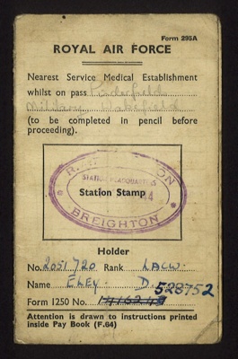 R.A.F. form 295A - R.A.F. Breighton - station quarters pass - August 1944 to July 1945; 1/01/1944; 6315