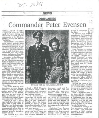 Obituary - Commander Peter Evensen - Motor Torpedo Boat Captain; 36447 Obituary - Commander Peter Evensen - Motor Torpedo Boat Captain; 36447