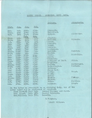 Civil Defence Sleeping Duty Rota - January & February 1945 - South depot - Stafford; 1/02/1945; 35454