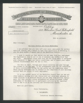 Letter - from "National Union of Distributive Allied workers" to P.H. Burhouse re: military service & union membership - 12/08/1941; 12/08/1941; 3332 Letter - from "National Union of Distributive Allied workers" to P.H. Burhouse re: military service & union membership - 12/08/1941; 12/08/1941; 3332