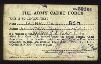 Membership card - "The Army Cadet Force" - R.S.M. A.J.B. Turner - 01/05/1942; 1/05/1942; 5014 Membership card - "The Army Cadet Force" - R.S.M. A.J.B. Turner - 01/05/1942; 1/05/1942; 5014