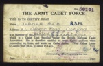 Membership card - "The Army Cadet Force" - R.S.M. A.J.B. Turner - 01/05/1942; 1/05/1942; 5014 Membership card - "The Army Cadet Force" - R.S.M. A.J.B. Turner - 01/05/1942; 1/05/1942; 5014